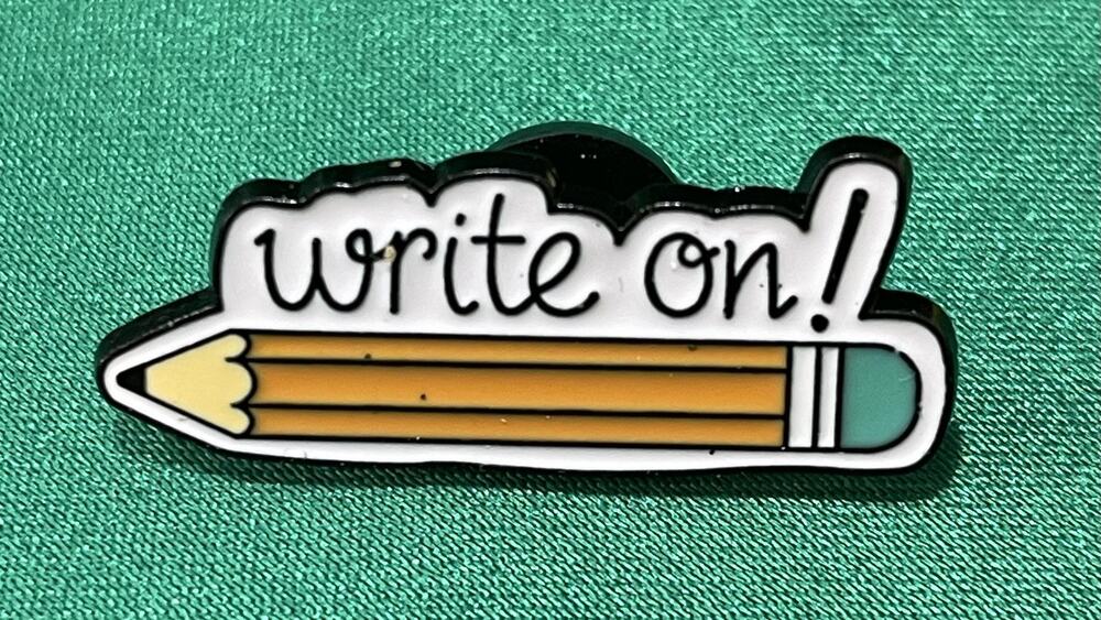 NWOT Write On Brooch Lapel Pin Enamel Yellow Pencil Words School Teacher Student